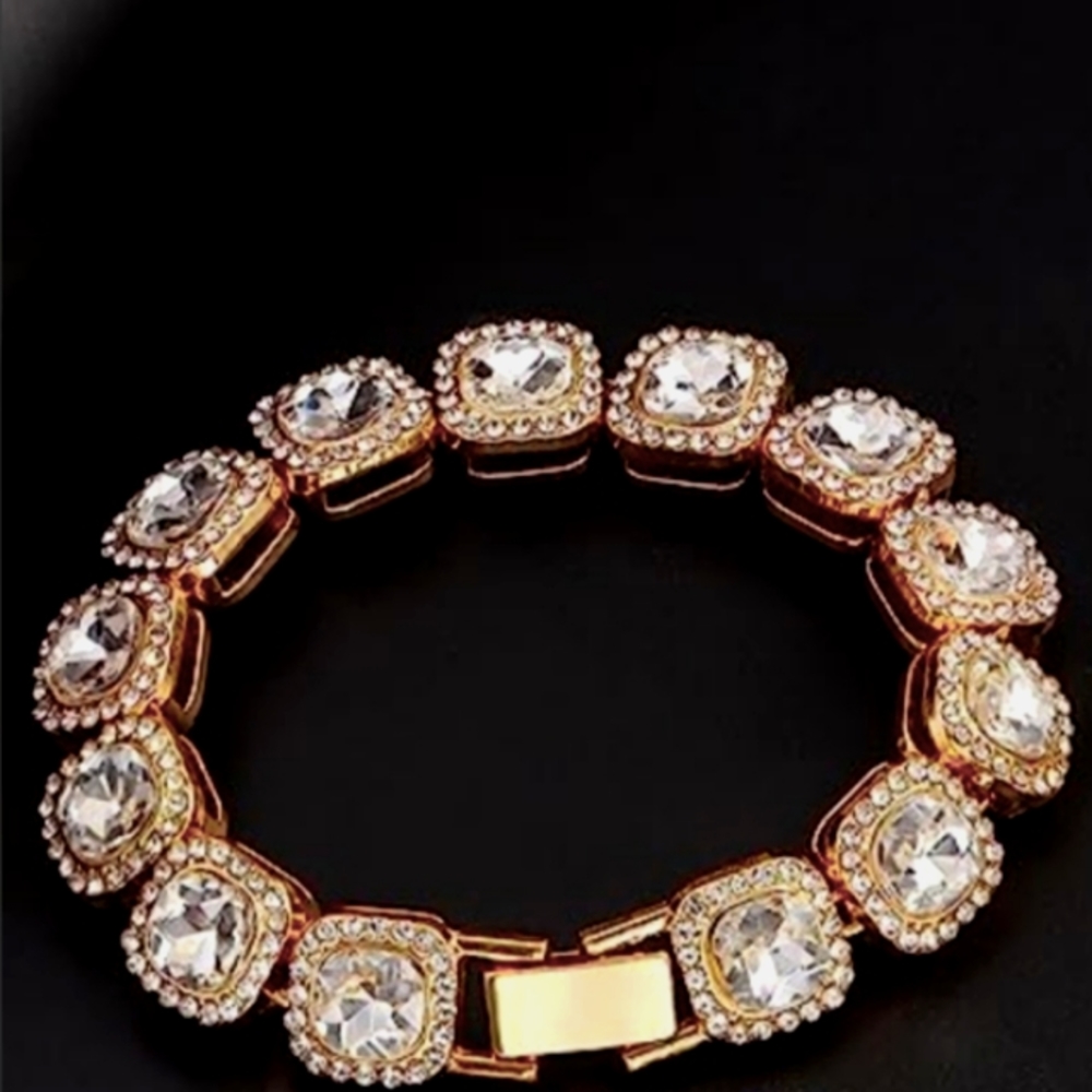 Pave Iced CZ Crystal Gold Wide Square Links Bracelet Rhinestone Unisex Mens New